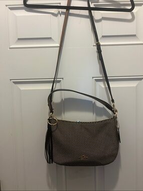 Coach Brown and Black Woven Shoulder Bag with Tassel Accent